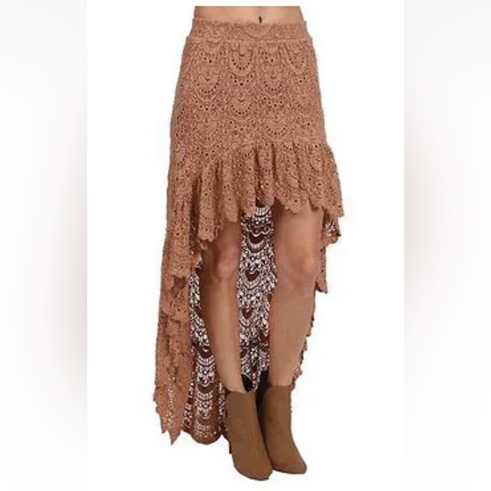 NIGHTCAP Anthropologie *Spanish Lace Saloon* hi low maxi skirt in tobacco 3 M